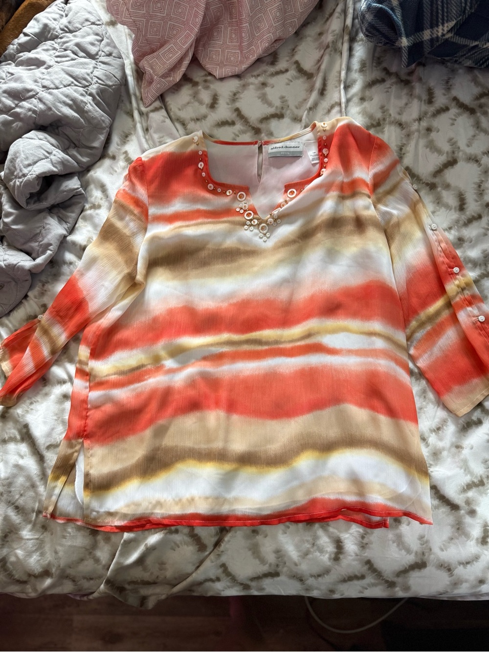 Alfred Dunner Coral, Cream & Tan Striped V-Neck Tunic